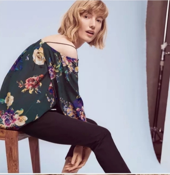 Anthropologie Maeve Tallie Green Floral Silk Open Shoulder Top Size Small - Picture 4 of 9